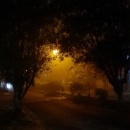 Photo of a street on dark misty night